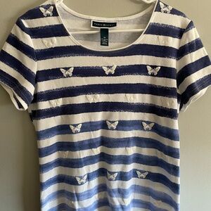 Karen Scott Blue and White Striped Tee with Butterfly Accents